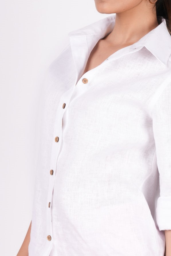 Pearl White Full Sleeves Spread Collar Linen Shirt