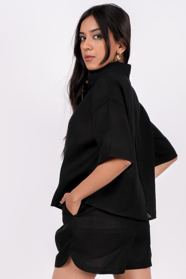 Midnight Black Linen Co-Ord Set - Includes Pair of Shorts and Half Sleeves Drooping Shoulder Shirt