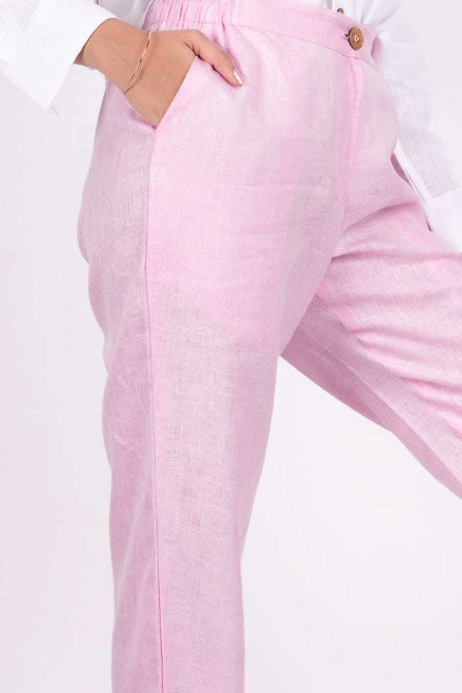  Baby Pink Linen Pants for women | Flat Front Linen Pants | Linen Pants with wooden button | Linen pants for women | Pink Linen Pants | Half elastic Linen pants | Pure Linen Pants | Comfortable Linen pants | Linen pants with pockets | linin linen pants | Linin | linen pants with side pockets 