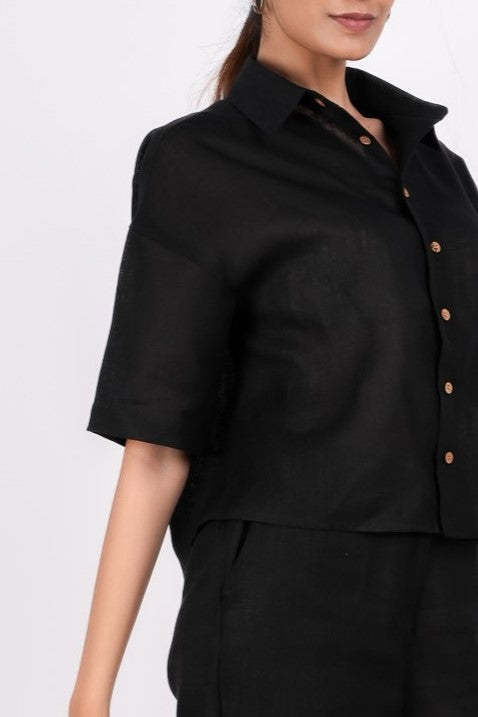 Midnight Black Linen Co-Ord Set - Includes Pair of Pants and Half Sleeves Drooping Shoulder Shirt