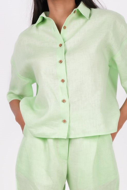 Kiwi Green Linen Co-Ord Set - Includes Pair of Pants and Half Sleeves Drooping Shoulder Shirt