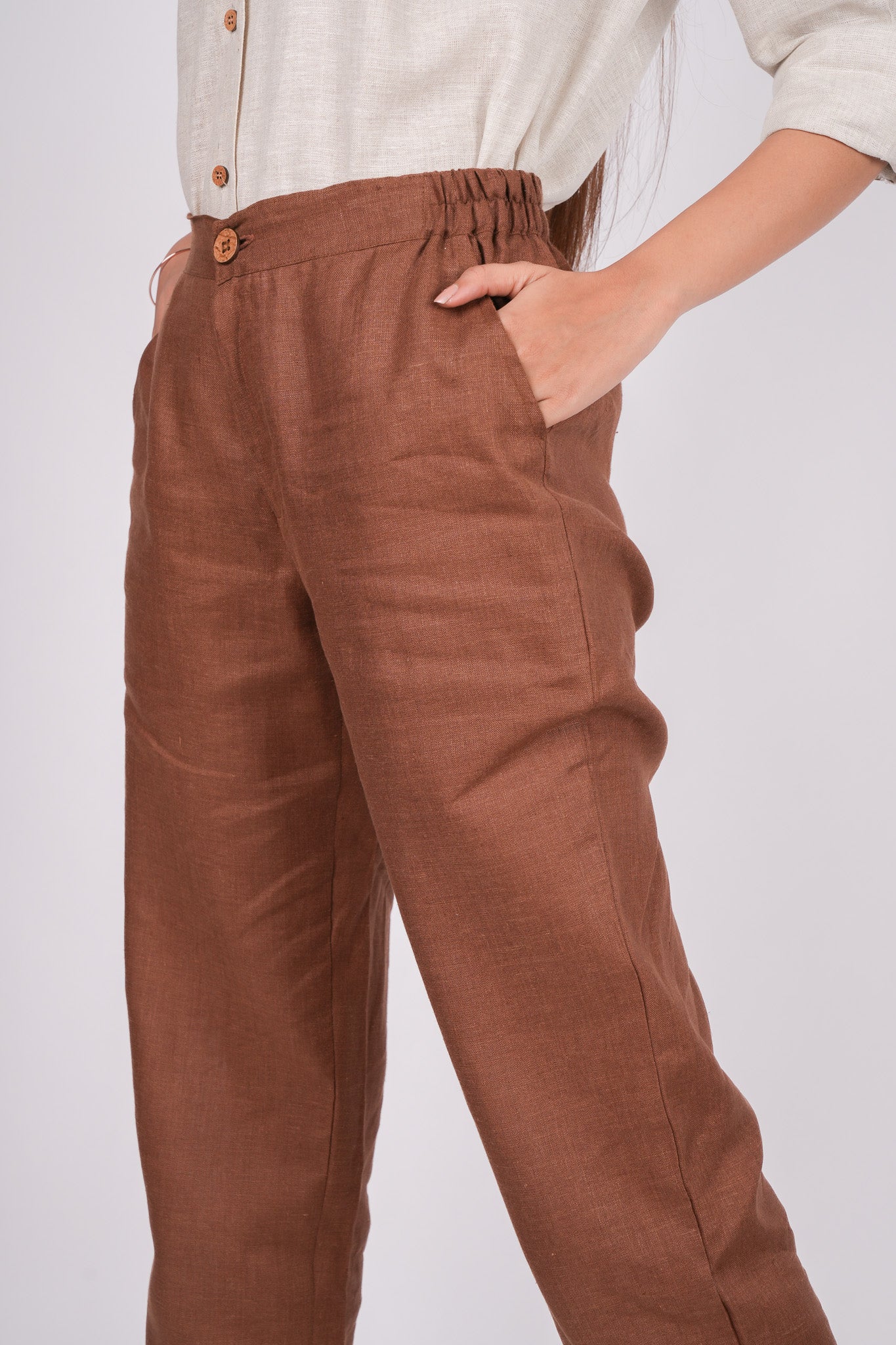 Mocha Brown Flat Front Linen Pants