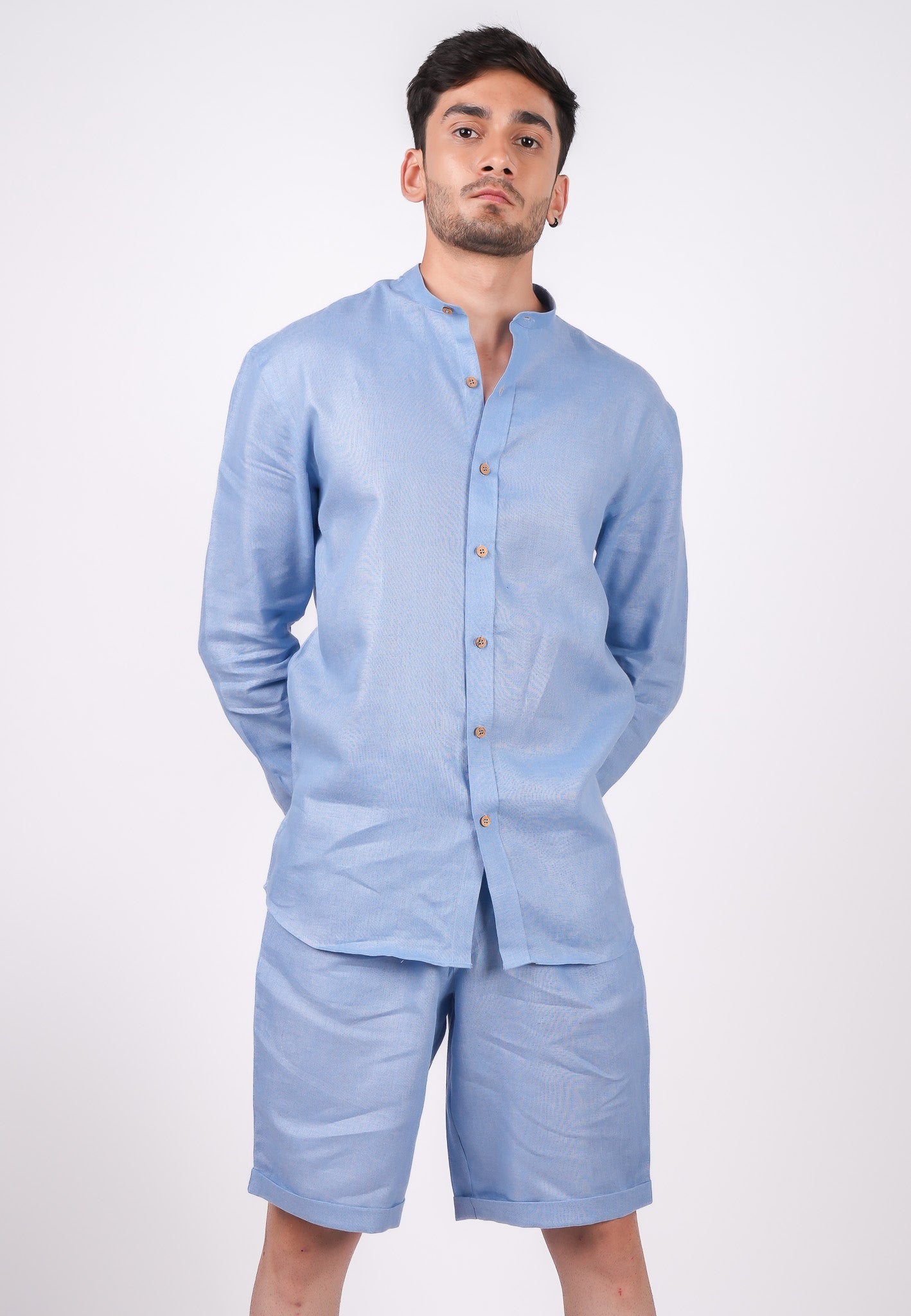 Ocean Blue Co-ord Set- Includes Pair of Shorts and Chinese Collar shirt
