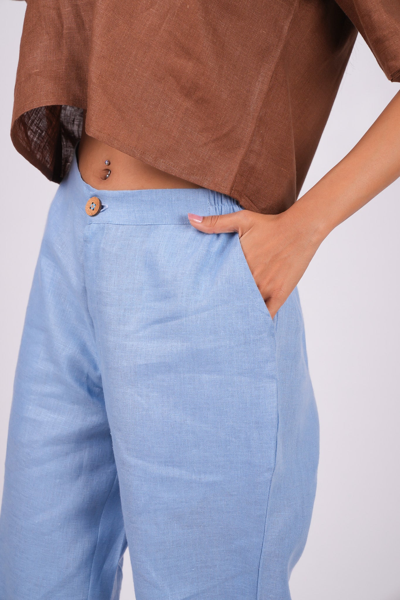 Ocean Blue Flat Front Linen Pants