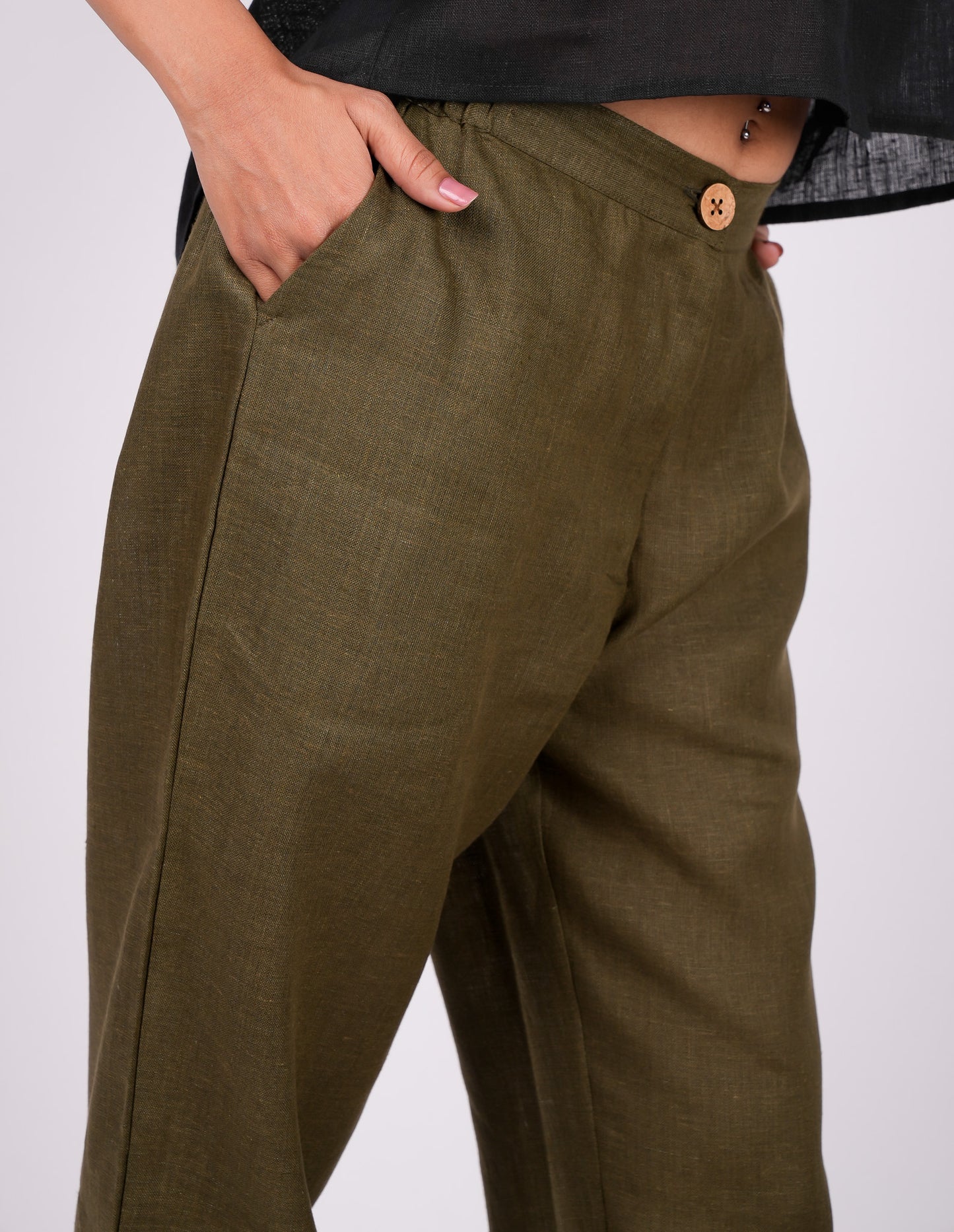 Forest Green Flat Front Linen Pants